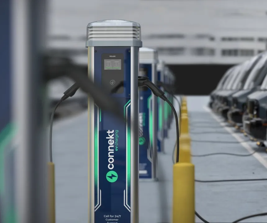 Connekt EV chargers lined up at a fleet depot
